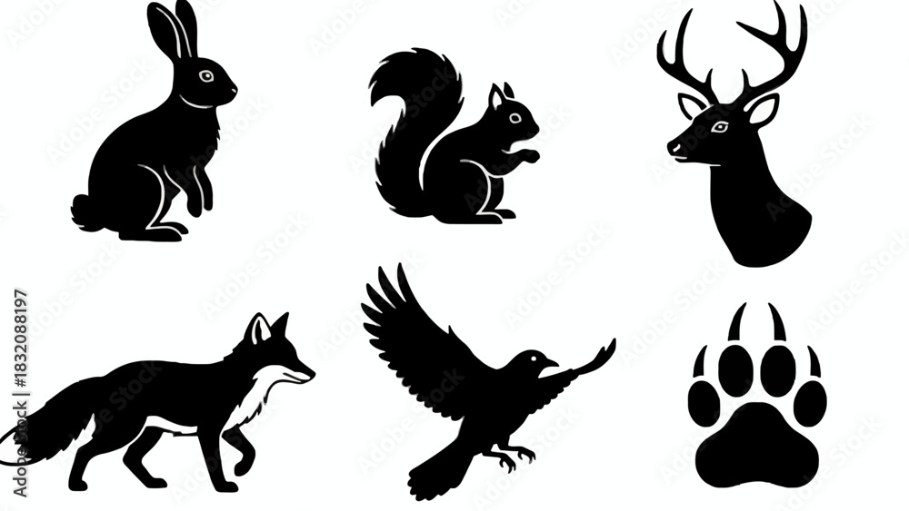 Obraz premium Collection of woodland animal silhouettes in black and white on white background, Vector