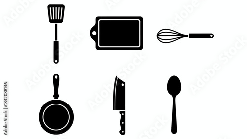 Collection of black kitchen utensils and tools on white background, Vector