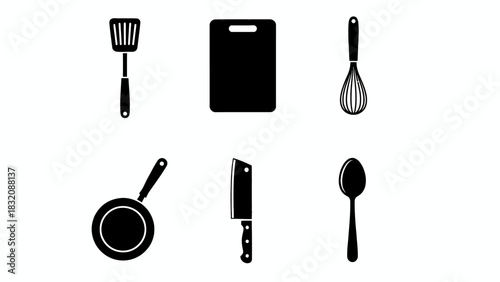 Collection of black silhouettes of kitchen utensils and tools on white background, EPS