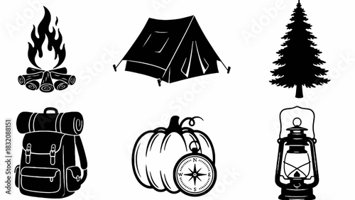 Camping and outdoor adventure icons set on white background, EPS, Vector