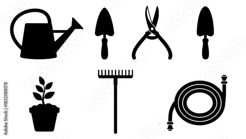 Collection of silhouetted garden tools and a plant on white background, Vector