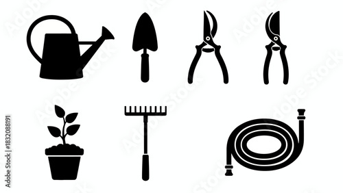 Collection of black silhouette garden tools and supplies on white background, Vector