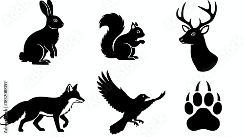 Collection of woodland animal silhouettes in black and white on white background, Vector