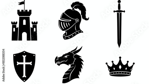 Medieval knightly symbols including castle helmet sword shield dragon and crown, Vector, EPS