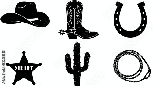 Western silhouette icons cowboy hat boot sheriff star cactus horseshoe rope on white background, Vector