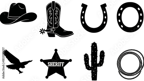 Western cowboy silhouette icons collection on white background, Vector, EPS