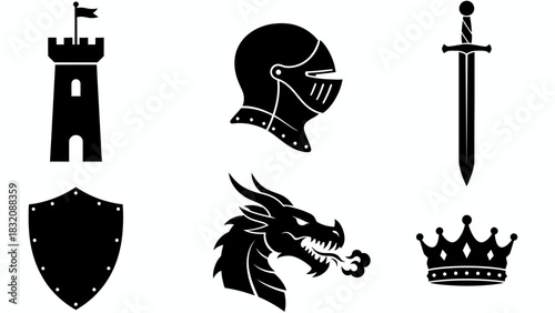Medieval knightly symbols silhouette collection on white background, Vector, EPS