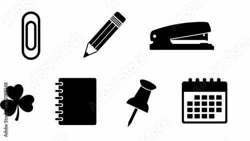 Collection of black and white office and school supplies icons on white background, Vector