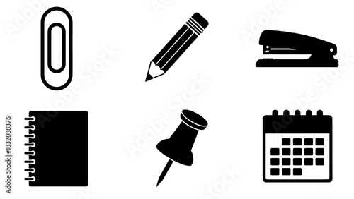 Collection of black and white office and school supplies icons on white background