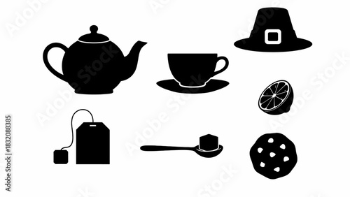 Thanksgiving icons including pilgrim hat tea set and egg on white background, EPS