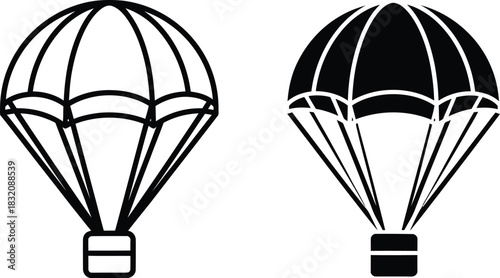 Vactor Black and white outline and silhouette icons of parachutes symbol