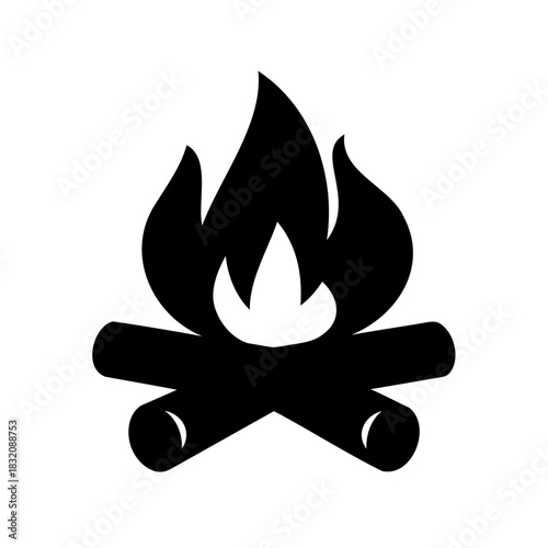 Simple black and white illustration of a bonfire with flames and logs