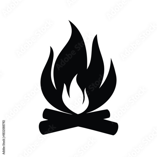 Simple black and white illustration of a bonfire with flames and logs