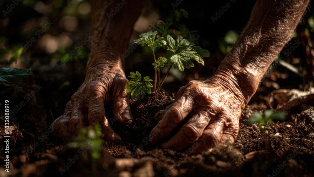 Fototapeta premium Elderly Hands Planting Seedling in Soil Highlighting Connection with Nature and Sustainable Gardening Practices