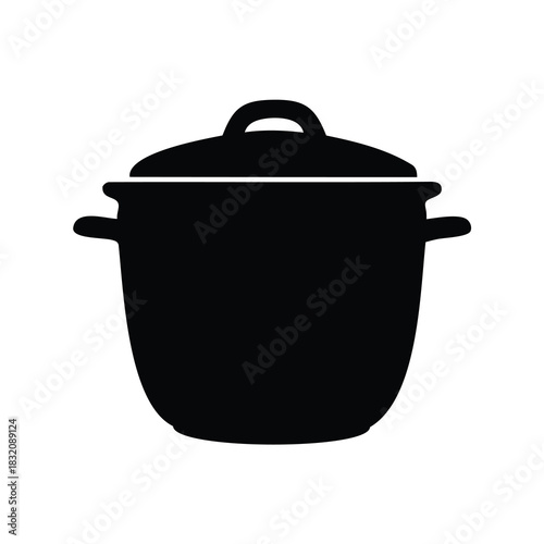 Black silhouette of a covered cooking pot with handles on white background