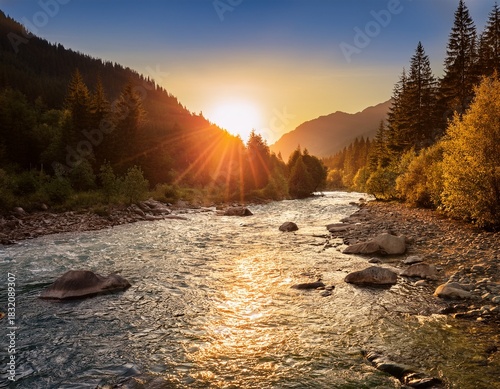 golden serenity ethereal sunrise over a mountain river