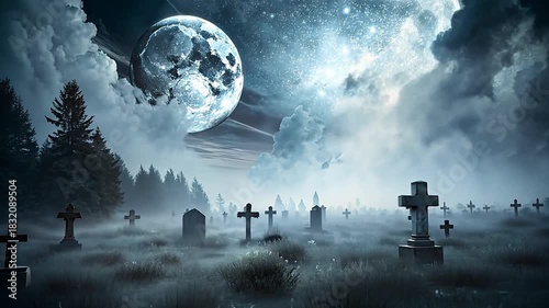 A dark, eerie graveyard under a full moon. Tombstones are scattered among tall grass. A crow perches on a gravestone. The sky is filled with clouds and stars.