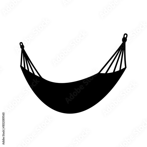Simple black silhouette of a hammock suspended on a white background