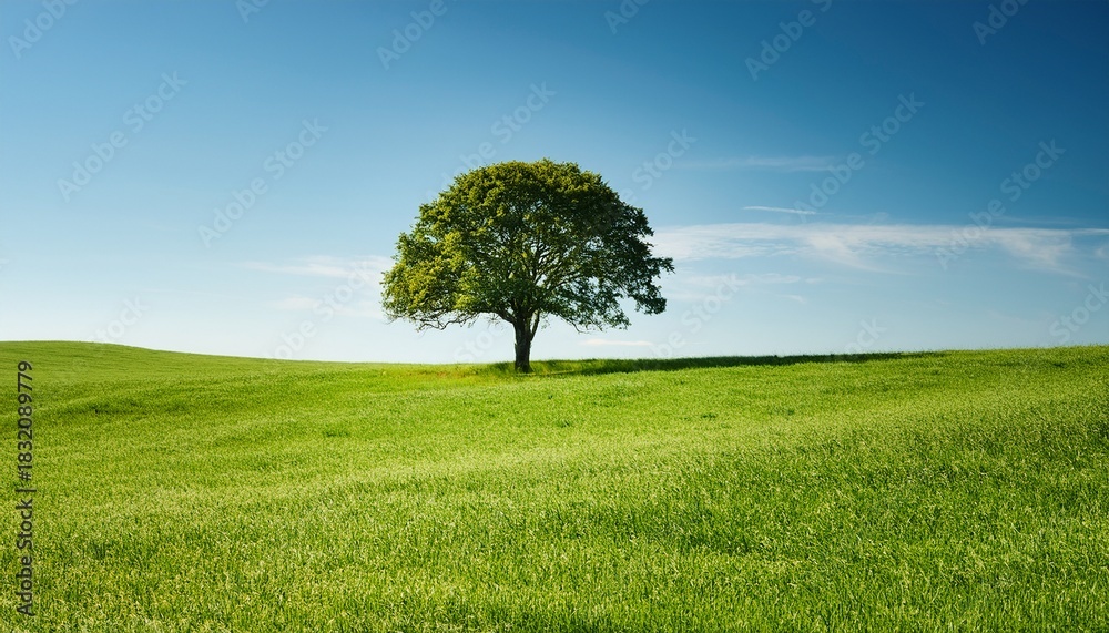 Obraz premium minimalist landscape of a tree in an open meadow on a sunny day