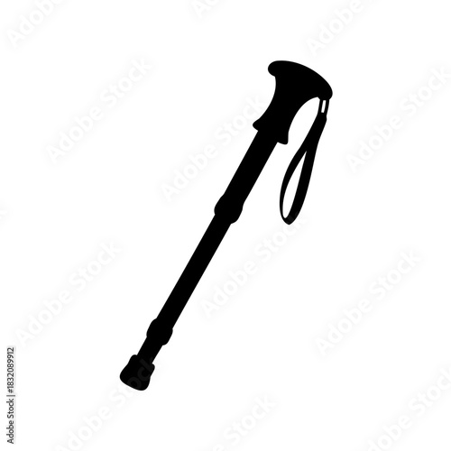 Silhouette of adjustable walking stick with a wrist strap for outdoor activities