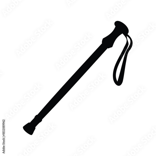 Silhouette of a Hiking Stick with a Wrist Strap on White
