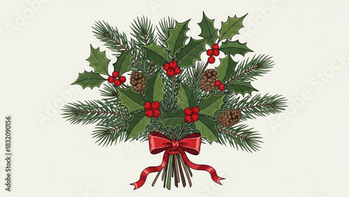 Christmas bouquet with holly berries pine cones and red ribbon festive holiday season decoration design