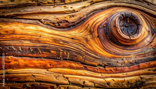 Close up macro view of weathered wood grain with a prominent knot creating an eye like pattern and rich natural textures