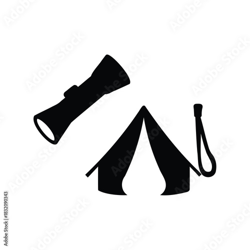 Silhouette of camping gear featuring a tent and flashlight, camping essentials