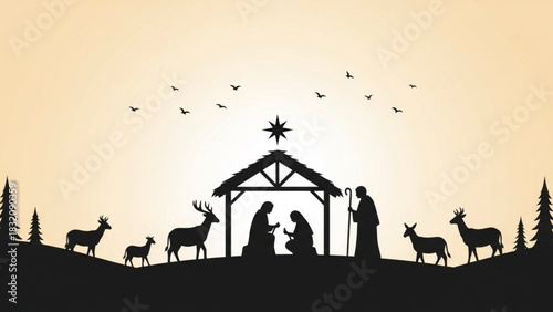 Nativity scene silhouette vector art design with christmas star and animals for holiday celebration design