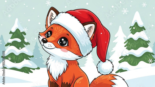 Cute christmas fox with santa hat in winter wonderland scene vector illustration design for holiday season