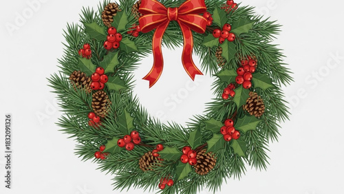 Christmas wreath with red bow pine cones and berries holiday decoration festive season winter celebration decor hundred