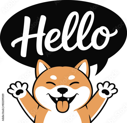Cheerful Cartoon Shiba Inu Dog with “Hello” Speech Bubble on White Background