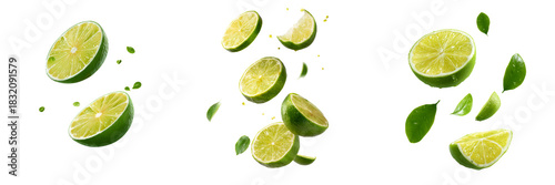Refreshing lime slices in motion transparent background food studio environment high angle