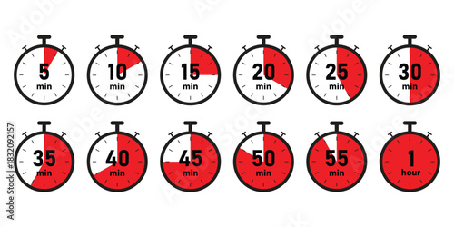 Stopwatch timer icons set for time management and productivity.