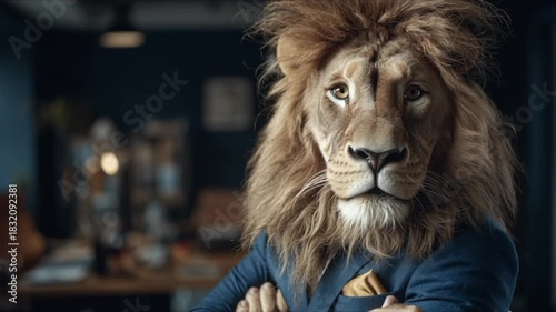 スーツを着たライオンが腕組みするリーダーシップ象徴「生成AI」