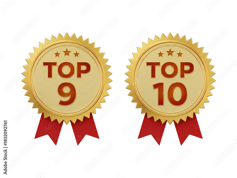 Fototapeta premium Top nine and top ten golden 3d badge with red ribbon illustration
