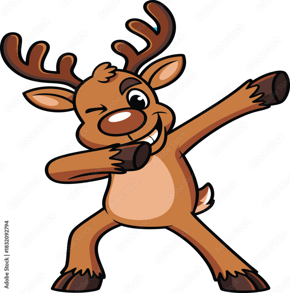 Fototapeta premium Happy Cartoon Reindeer Performing Dab Pose on White Background Illustration