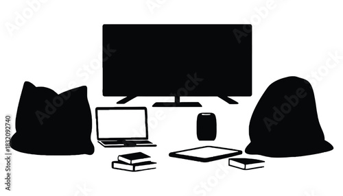 Home office setup with tv laptop tablet and cozy bean bags