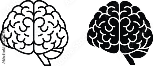 Vactor Black and white outline and solid silhouette of a human brain anatomy medical