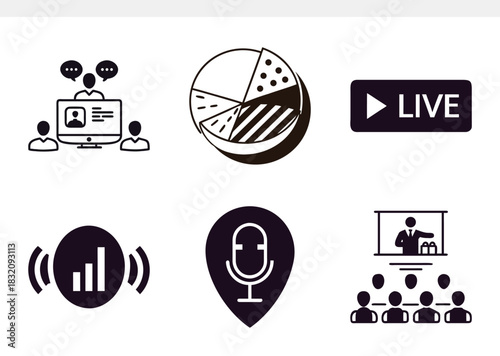 Modern black and white icon set featuring online communication, video conferencing, data analysis, live streaming, podcasting, and business presentations