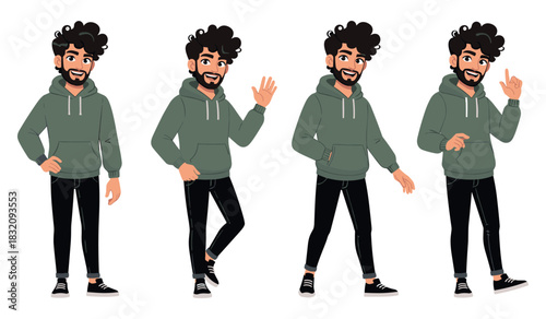 Young hispanic male cartoon character with curly hair in green hoodie