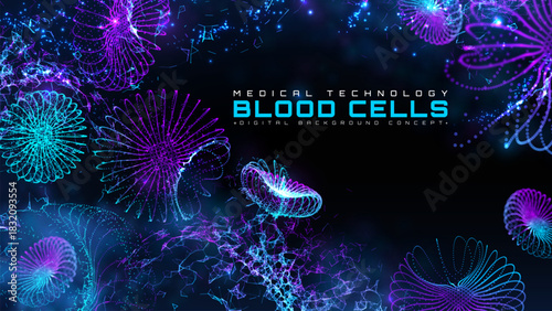 Futuristic sci-fi hematology concept. Abstract digital glowing blue and purple structure of red blood cells. Medical technology background. Vector illustration.