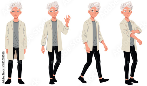 Smiling animated young caucasian male character in casual outfit with white hair