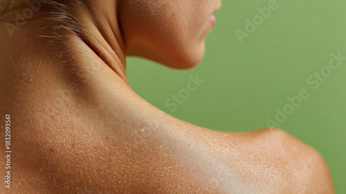 Wallpaper Mural Close up of upper back and neck skin texture with mild flakiness, showing natural pores and fine lines on person with light complexion, green background, healthy skin concept Torontodigital.ca