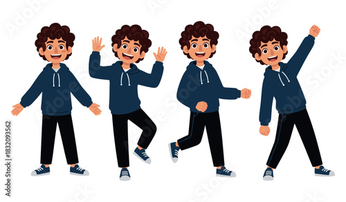 Happy young caucasian male cartoon character in various joyful poses