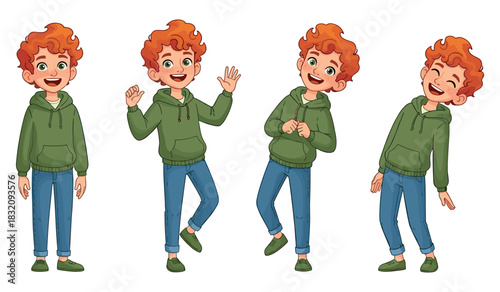 Red-haired caucasian young boy in green hoodie expressing joyful emotions