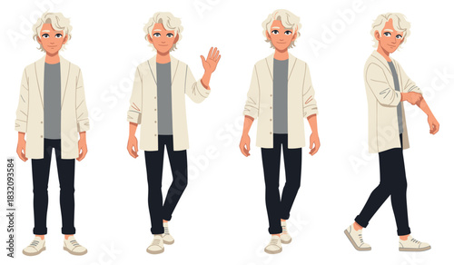 Young caucasian male character in casual outfit with different poses and gestures