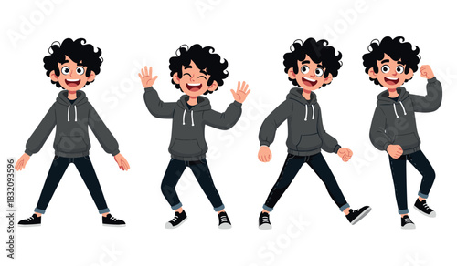 Animated boy character expressing joy in hoodie and jeans