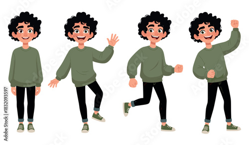 Happy young boy with curly hair in various poses