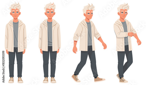 Animated young caucasian male character poses in casual outfit